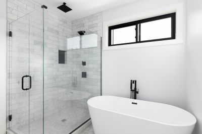 Walk-in Shower with Black Frame Accents